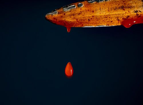 Druppel bloed valt van bebloed mes