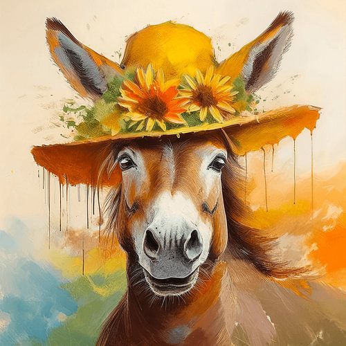 Ein fröhliches und cooles Eselchen mit Sonnenhut und Sonnenblumen.