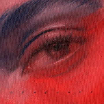 olieverf closeup van een vrouwen oog in blauw en rood van Art by Hercules