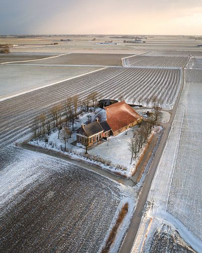 Winterse boerderij in het Friese polderland