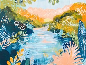 Gartenfluss | Fröhliche Gartenmalerei mit Wasser und Pflanzen