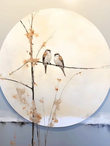 Sparrows on branch, Japandi by Caroline Guerain