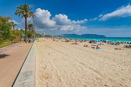 People relax at seaside sand beach in Cala Millor on Mallorca island