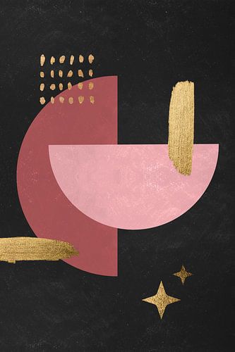 Abstracte Kerst Print in zwart goud met roze en rode cirkel van MDRN HOME