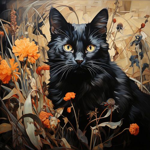 Zwarte kat in de gouden herfst
