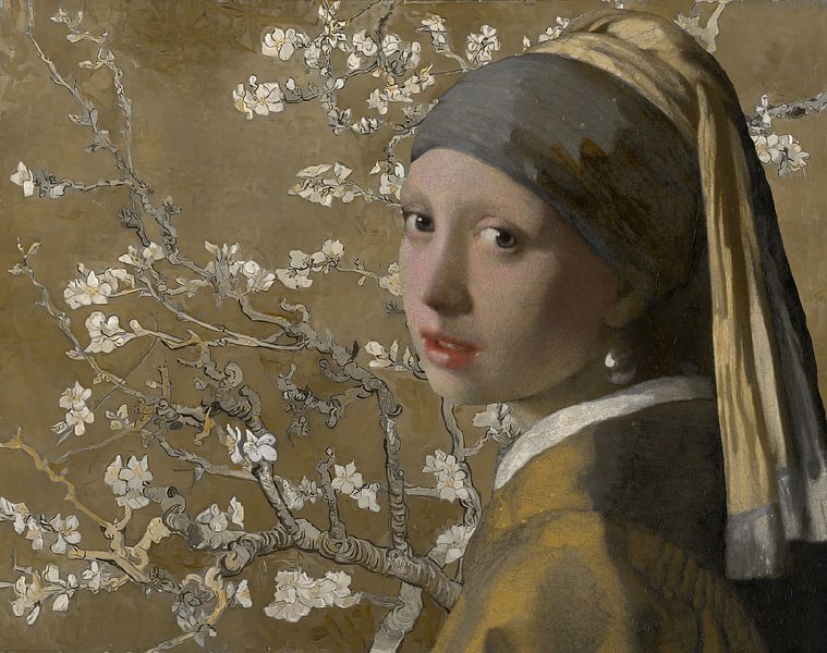 Girl with the pearl - Almond blossom, gold by Digital Art Studio