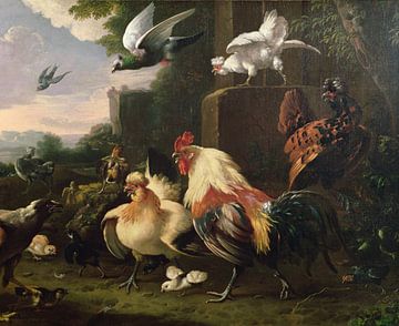 Een haan en ander gevogelte in een landschap, Melchior d'Hondecoeter