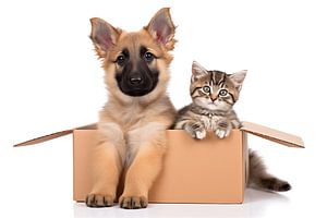 Kleine herdershond en babykat in een kartonnen doos op wit van Animaflora PicsStock