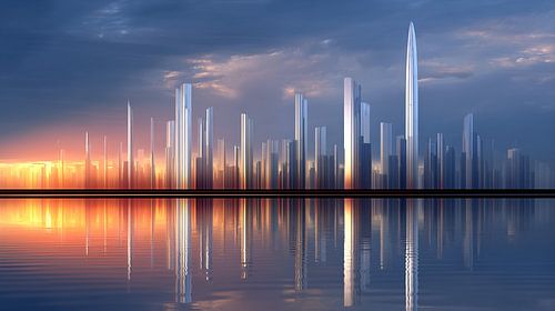 Skyline bij zonsondergang