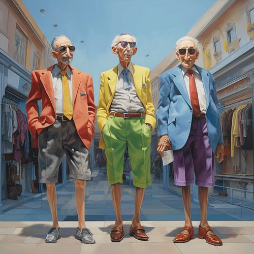 drie oudere mannen zonnebrillen winkelen up to date tevreden