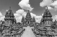 Sewu temple under a cloudy sky in black and white