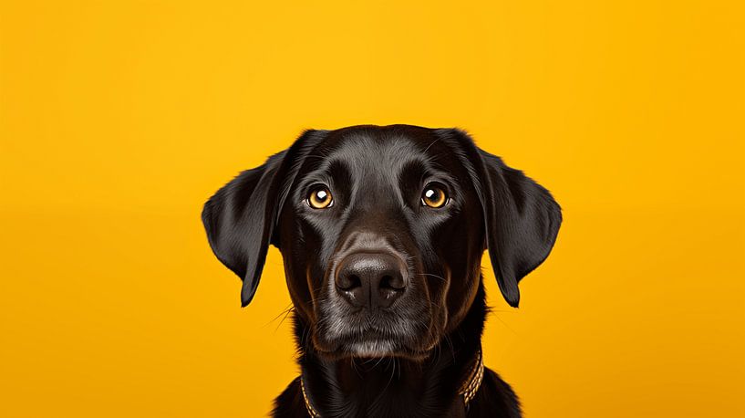Nahaufnahme eines schwarzen Labrador Retrievers vor einem leuchtend orangen Hintergrund. von Animaflora PicsStock
