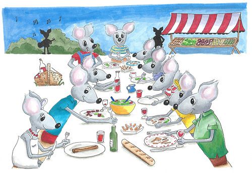 Grote groep muizen eet gezamenlijk aan lange tafel buiten