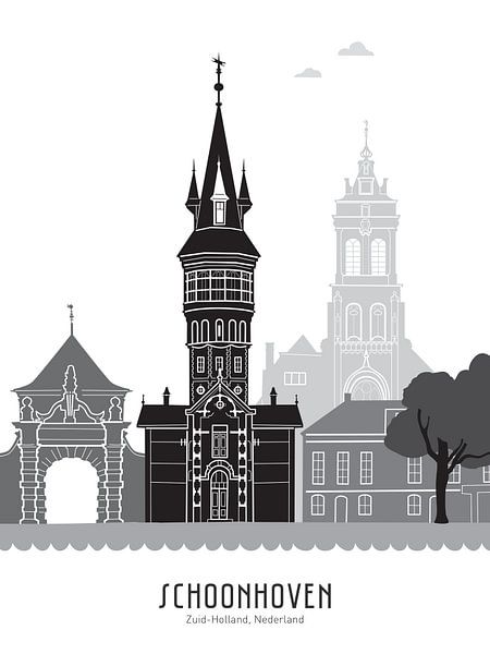 Skyline illustratie Schoonhoven in zwart-wit-grijs van Mevrouw Emmer