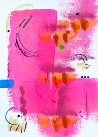 Boss – farbenfrohe abstrakte Kunst in Rosa und Orange von Vivienne van den Dungen