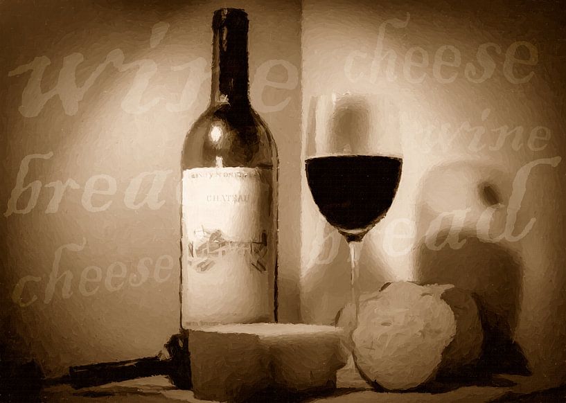 Still life with wine bottle bread and cheese by Jens Hertel