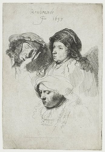 Drie vrouwenkoppen: één slapend, Rembrandt van Rijn