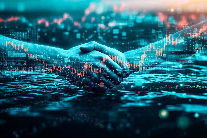 Futuristischer Händedruck und Diagramme von Art & Soul Creations