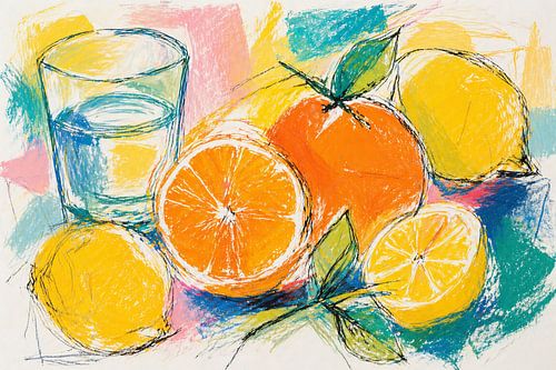 A lively still life featuring citrus fruits by Claudia Gründler