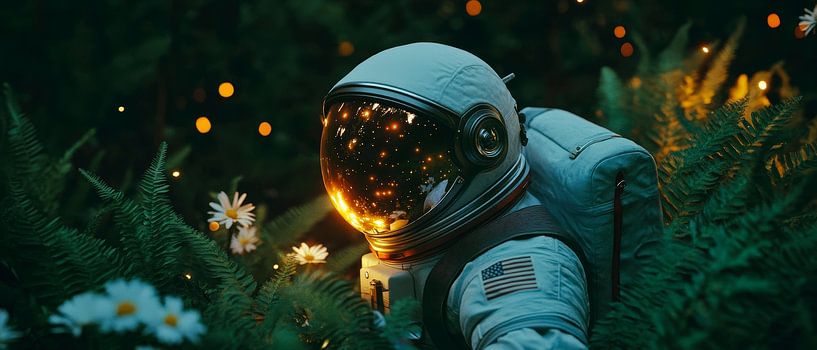 Astronaut in de bloemenzee van de nacht van Poster Art Shop