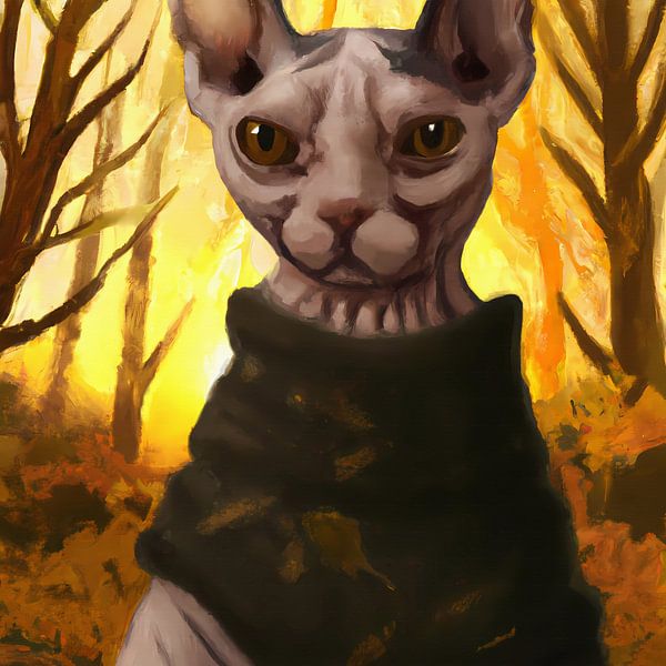 Portrait of a gray Sphynx cat or nude cat with green scarf in an autumn forest by Maud De Vries