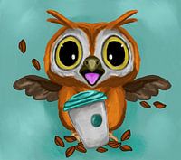 Lustige Eule und Kaffeetasse