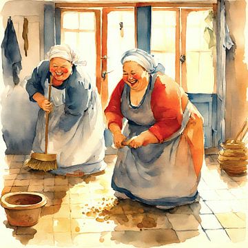 2 sociable ladies scrubbing by De gezellige Dames