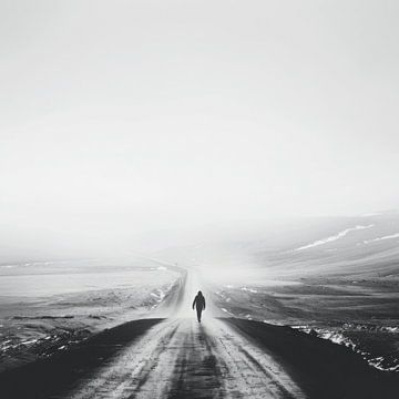 Lonely hiker - black and white photograph of an endless road by Poster Art Shop