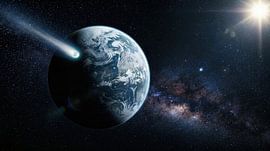 Een kosmische komeet nadert een blauwe planeet