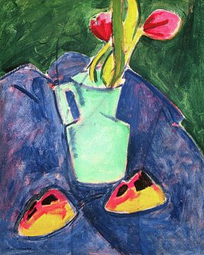 Alfred Henry Maurer,Bloemen in een groene vaas op paarse doek