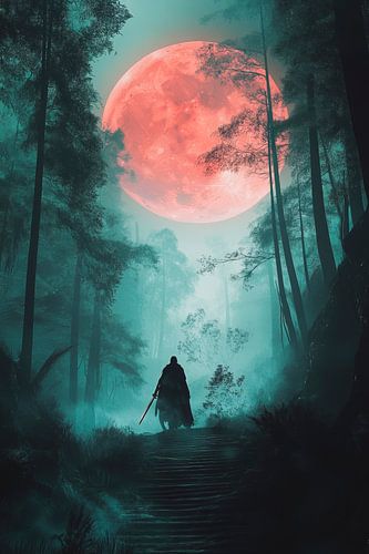 Hikers in the misty forest moonlight