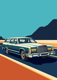 Vintage station wagon driving desert highway, mountain silhouette backdrop by Adam Khabibi