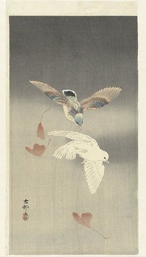 Zwei Tauben in der Nähe fallender Ginkgoblätter, Ohara Koson