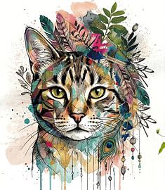 The Expressive Blue Cat, Artistic Cat in Ink and Watercolour by Angelique van den Berg