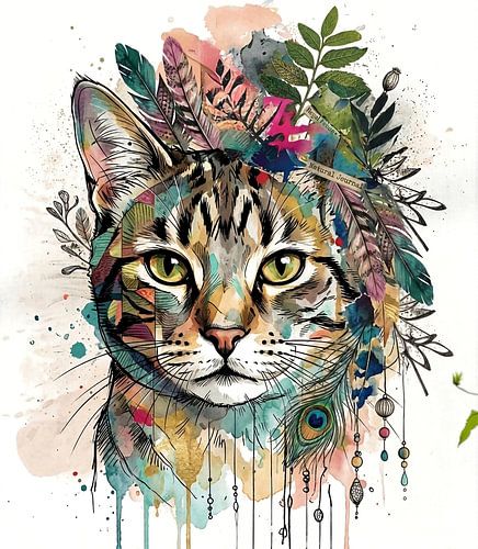 De Expressieve Cyperse Kat, Artistieke Kat in Inkt en Aquarel
