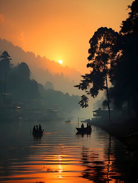 Lake Haroulita in the mist with fishermen by PixelPrestige