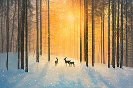 Scène de forêt hivernale avec des chevreuils sur Poster Art Shop