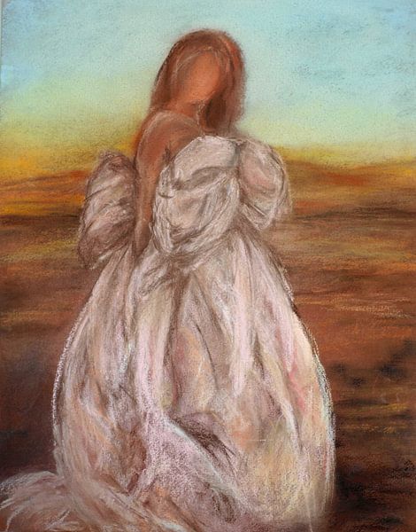 Vrouw in de avondgloed. Handgeschilderd met pastel van Ineke de Rijk