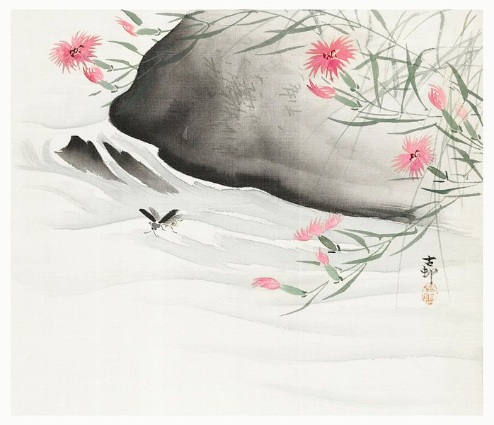 Plantes à fleurs roses près de la rivière (1877-1945) par Ohara Koson par Studio POPPY