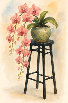 Roze orchidee in keramische pot op houten kruk (AI) (Japans, Japandi, stijl, rust, zachte kleuren, sierlijk, elegant) van Natalie Bruns
