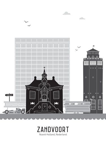 Skyline illustratie Zandvoort in zwart-wit-grijs