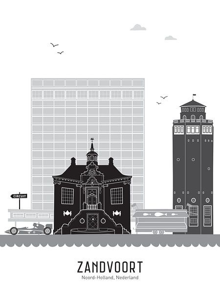 Skyline illustration Zandvoort in black-and-white-grey by Mevrouw Emmer