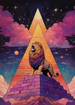 Leeuw op piramide in kosmisch landschap van MIROKKU