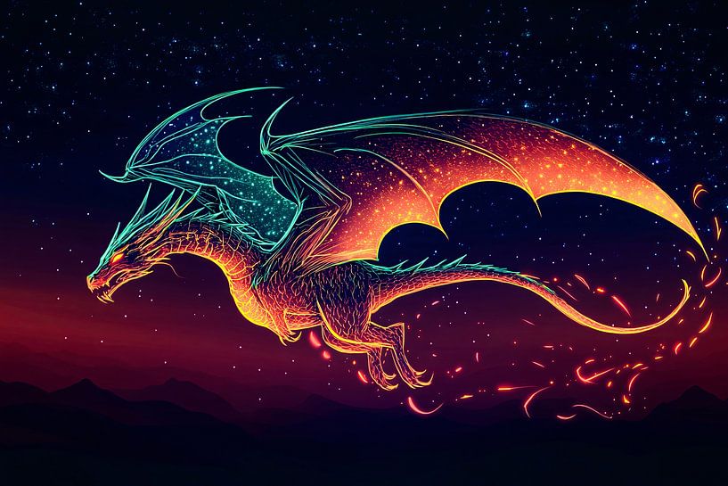 Neon dragon in starry sky by Art & Soul Creations