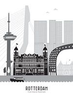 Skyline illustratie stad Rotterdam | Sparta | Kasteel zwart-wit-grijs