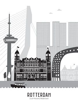 Illustration de la ligne d'horizon de la ville de Rotterdam | Sparte | Kasteel noir-blanc-gris sur Mevrouw Emmer