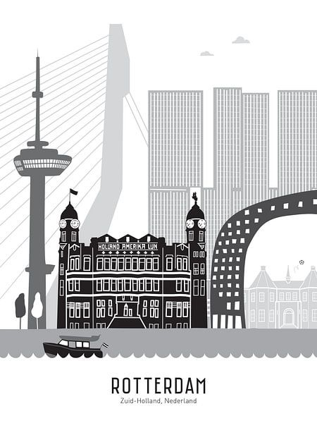 Skyline illustration city Rotterdam | Sparta | Castle black-white-grey by Mevrouw Emmer