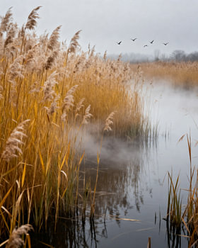 Reeds in the morning mist