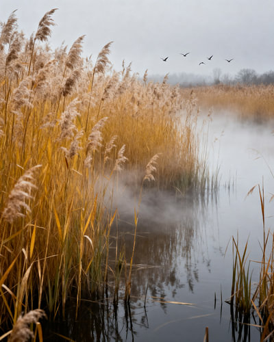 Des roseaux dans la brume matinale