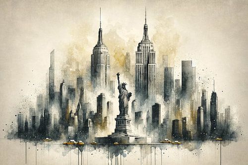 New York aquarel: de skyline in sepiatinten